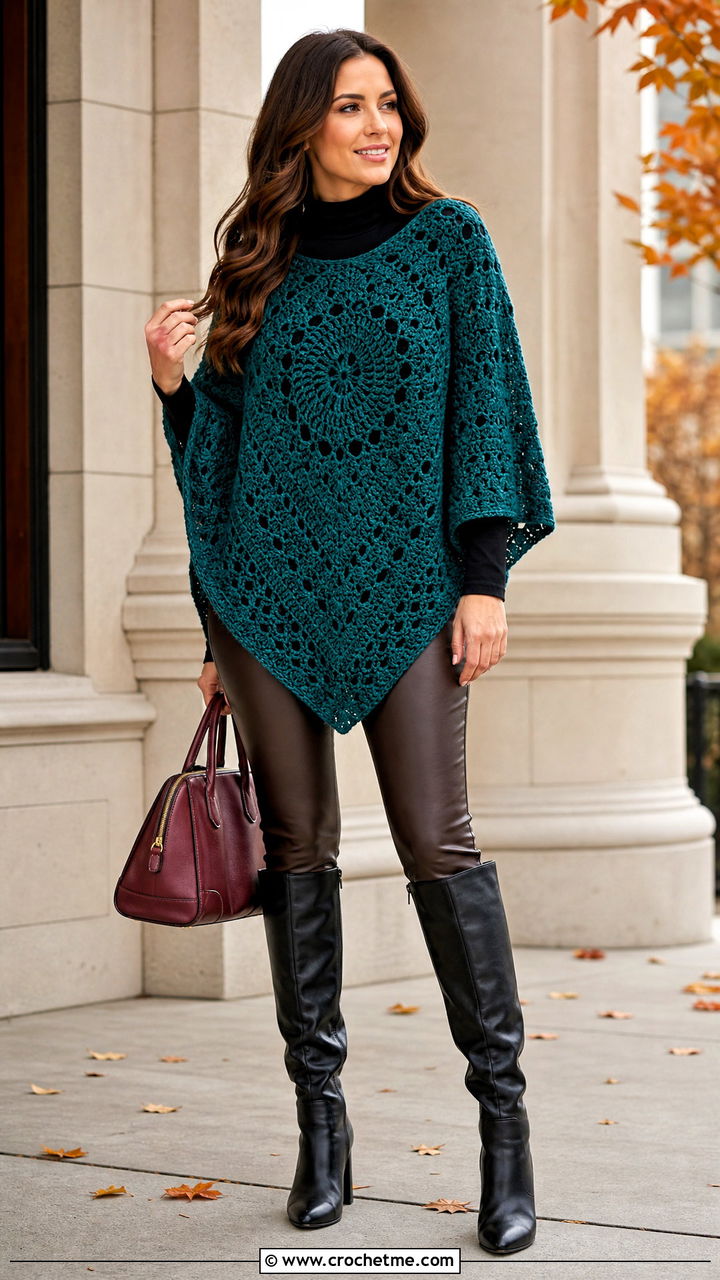 Crochet Poncho With Leather Leggings - 35 crochet garments outfit ideas