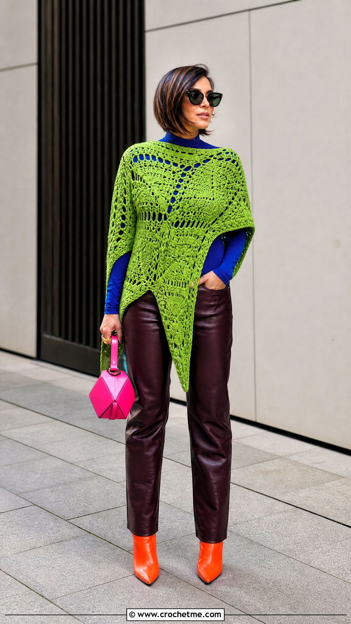 Crochet Poncho With Leather Pants - 35 crochet poncho outfit ideas
