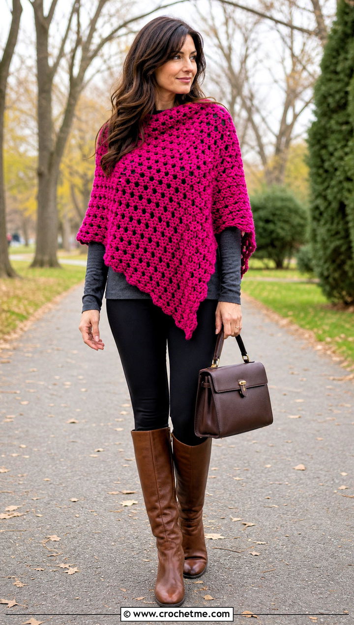Crochet Poncho With Leggings And Riding Boots - 30 crochet fall outfits ideas