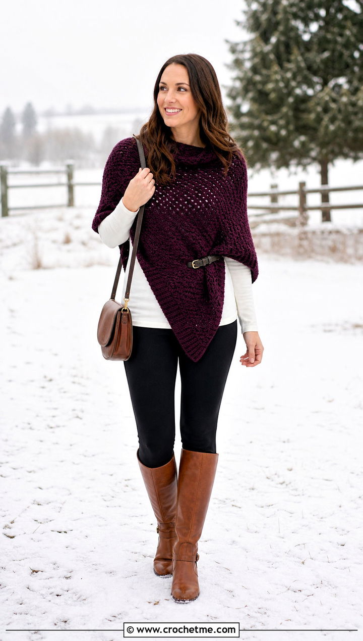 Crochet Poncho With Leggings And Riding Boots - 30 winter crochet clothes ideas