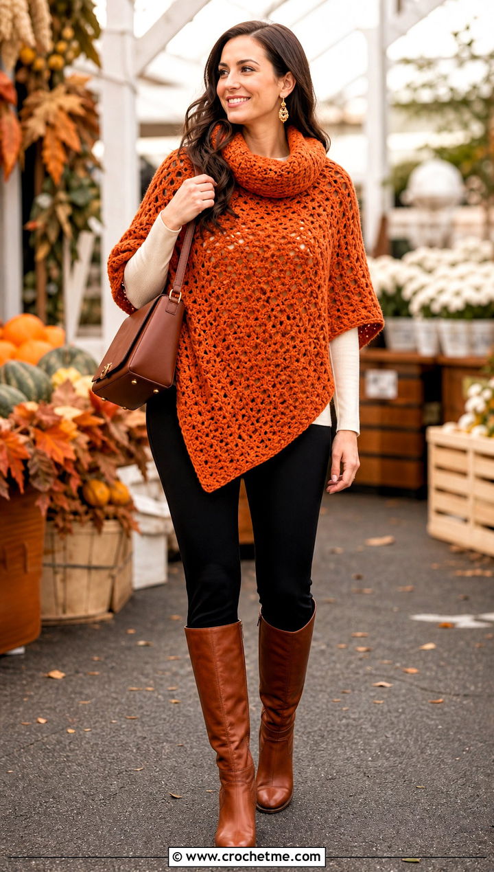 Crochet Poncho With Leggings And Tall Boots - 25 Autumn Crochet Outfit ideas