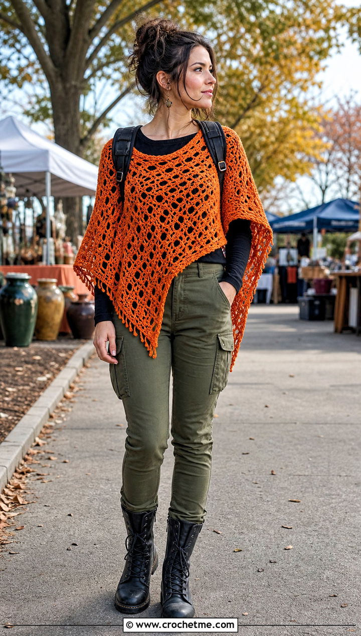 Crochet Poncho With Skinny Cargo Pants - 35 Crochet Grunge Clothes and outfit ideas