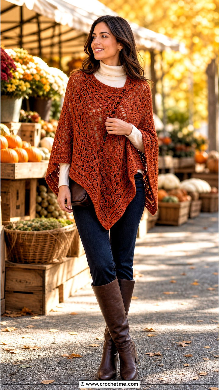 Crochet Poncho With Slim Jeans - 35 crochet clothes for women outfit ideas