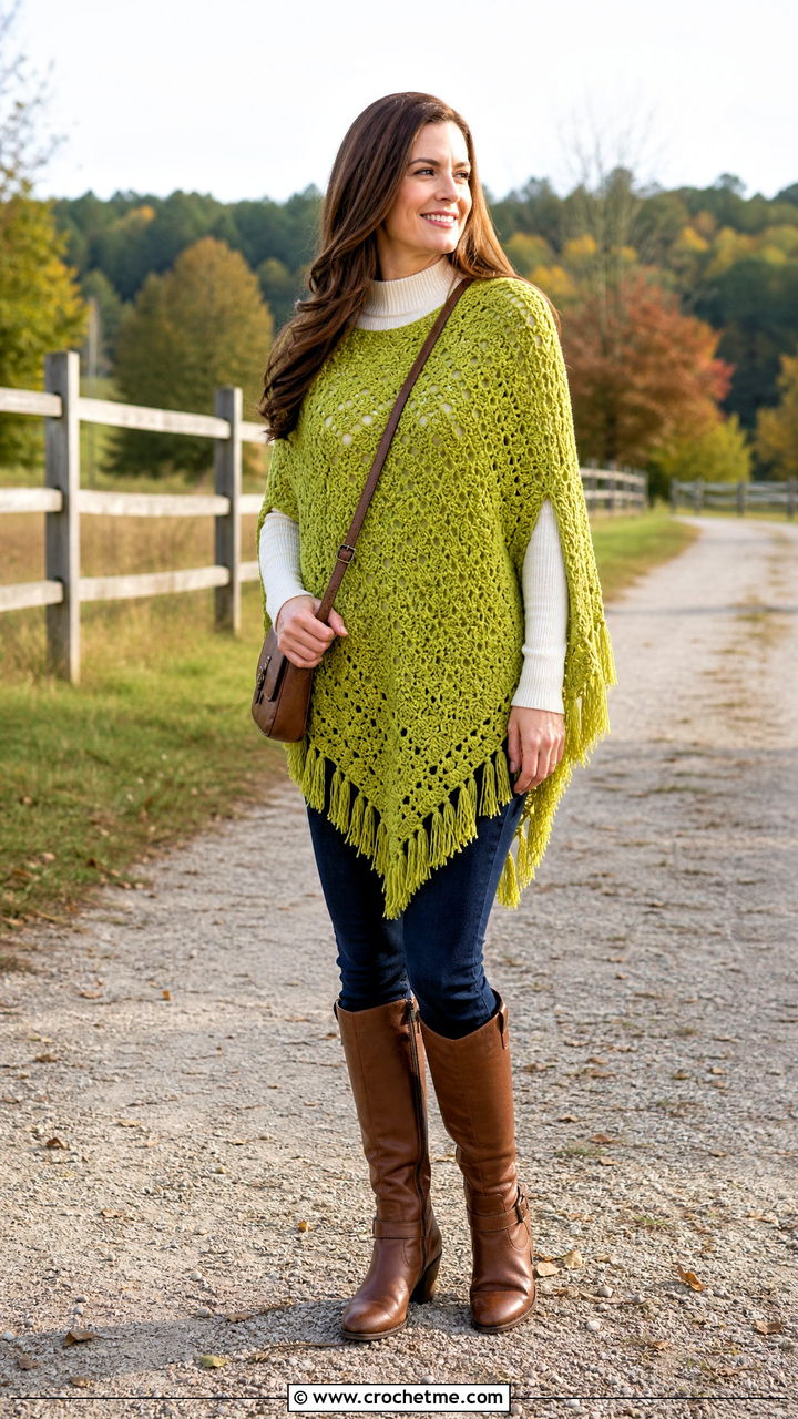 Crochet Poncho With Slim Jeans - 35 crochet fall clothes and outfit ideas