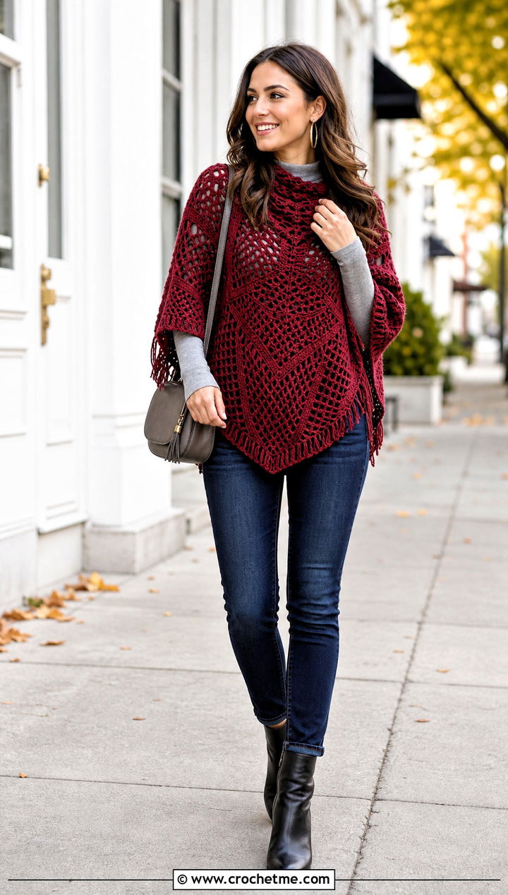 Crochet Poncho With Slim Jeans And Ankle Boots - 30 outfits to crochet outfit ideas
