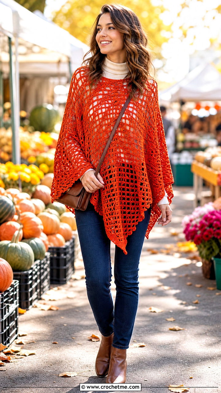 Crochet Poncho With Slim Jeans And Boots - 35 cute crochet outfits ideas