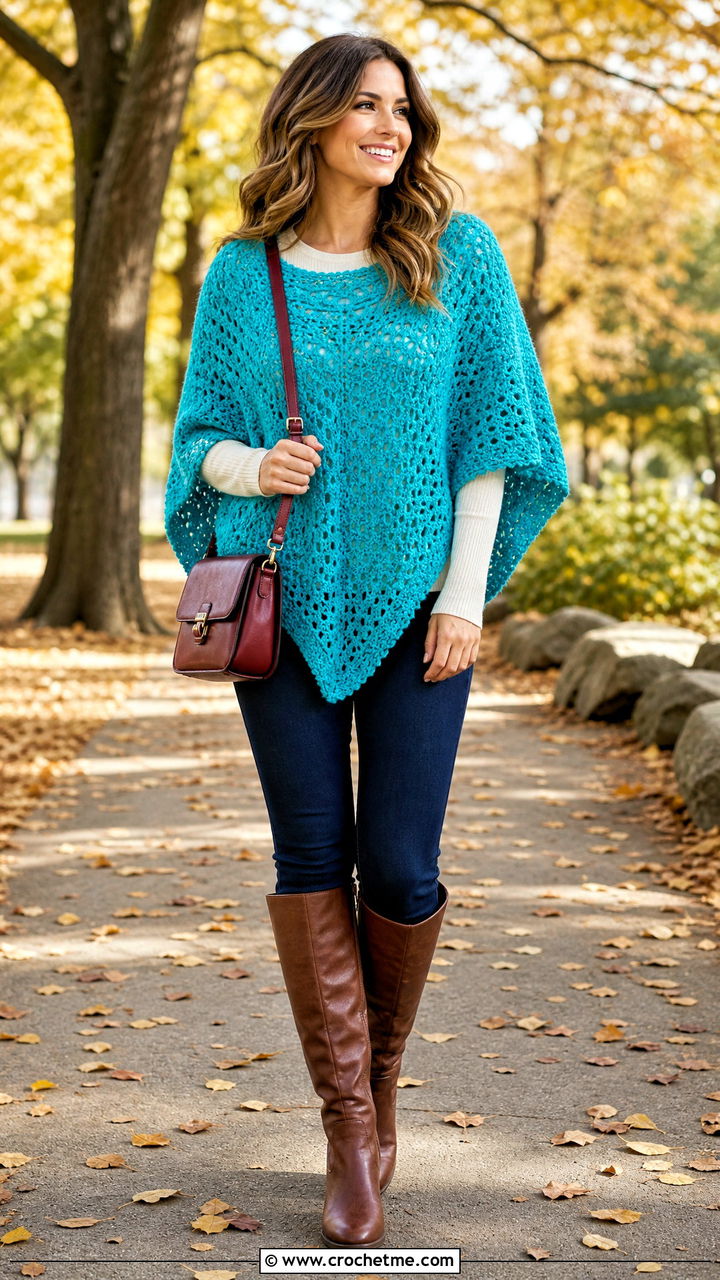 Crochet Poncho With Slim Jeans and Tall Boots - 35 crochet clothes ideas