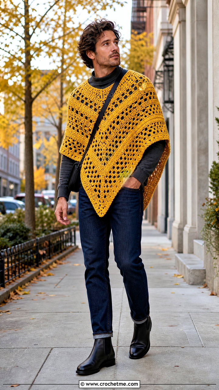 Crochet Poncho With Slim Jeans - 35 crochet clothes for men outfit ideas