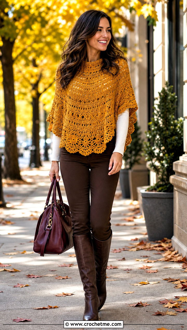 Crochet Poncho With Slim Pants And Boots - 25 Easy Clothes To Crochet For Beginners outfit ideas