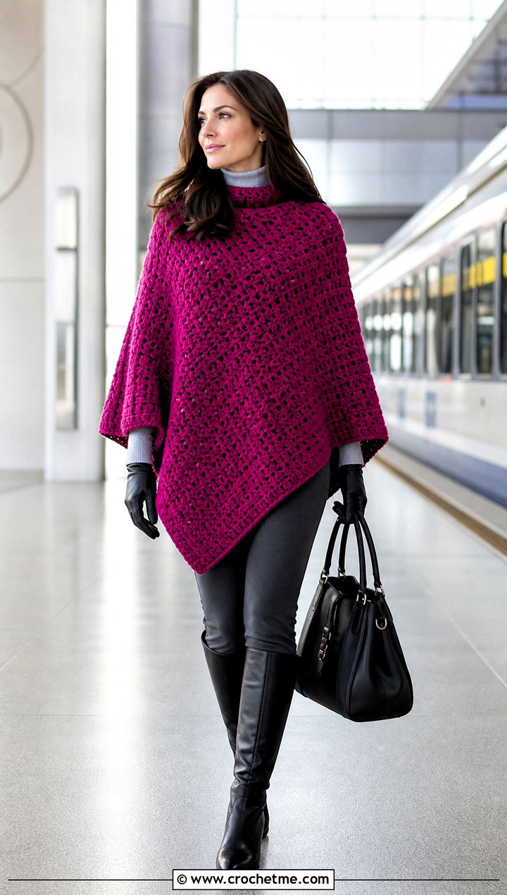 Crochet Poncho With Slim Pants - 35 Crochet Winter Outfits ideas