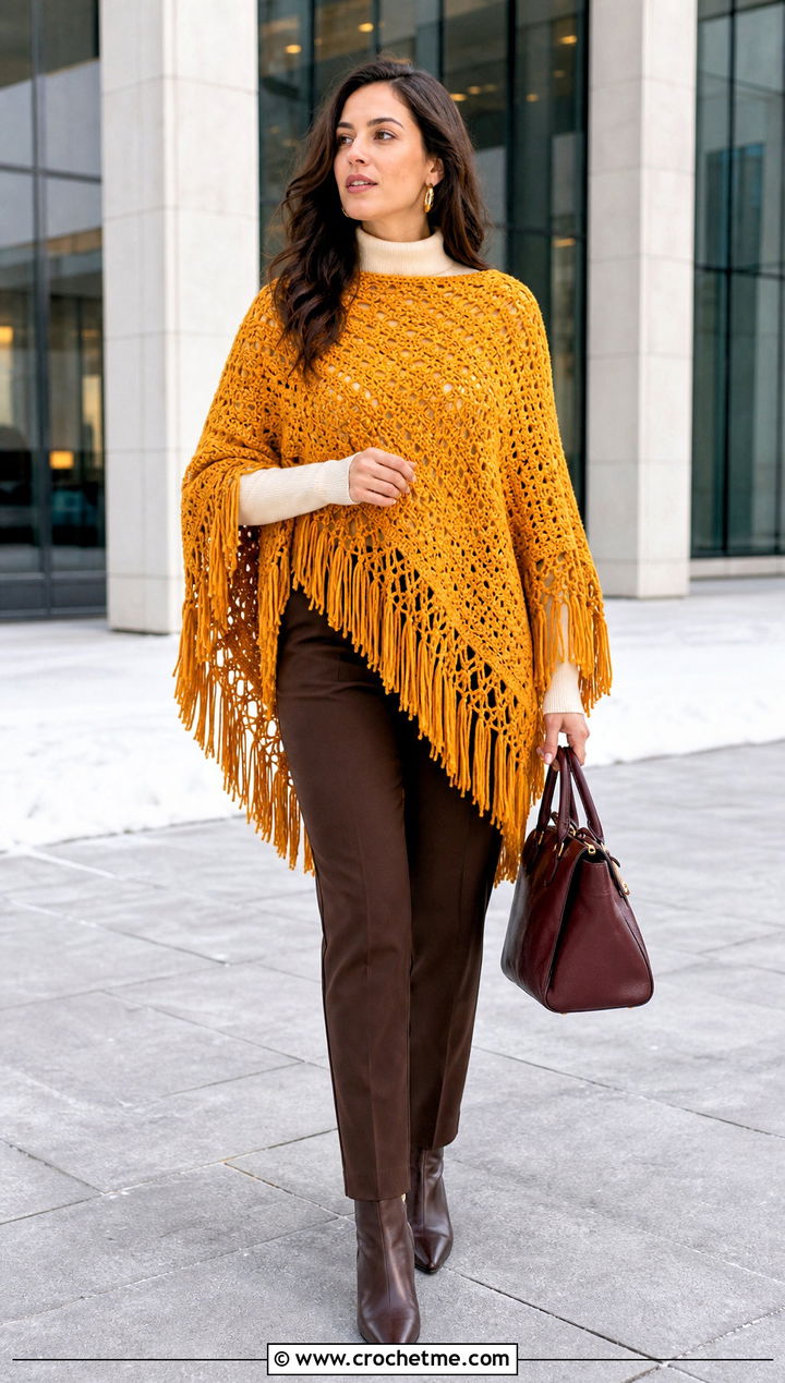 Crochet Poncho With Slim Trousers - 25 crochet women clothes and outfit ideas