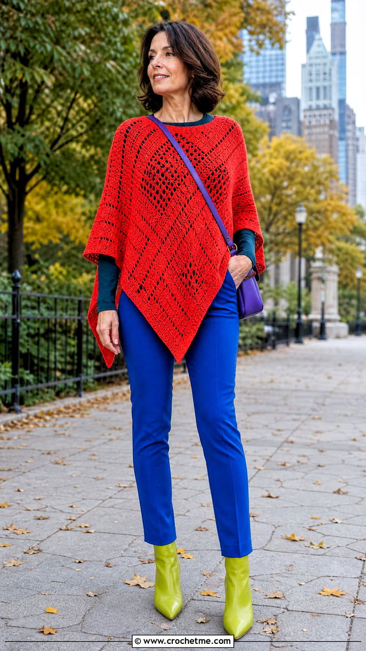 Crochet Poncho With Slim Trousers And Ankle Boots - 35 crochet outfits ideas