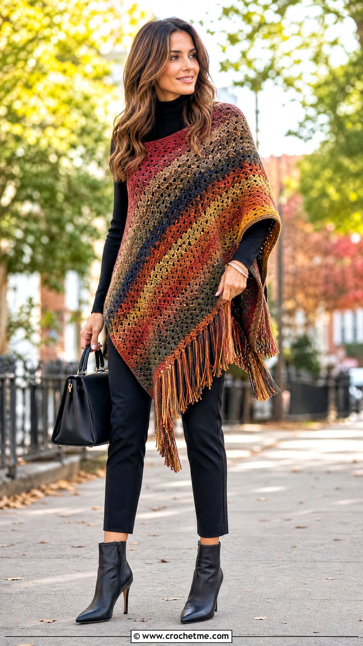 Crochet Poncho With Slim Trousers - 35 crochet clothes and outfit ideas