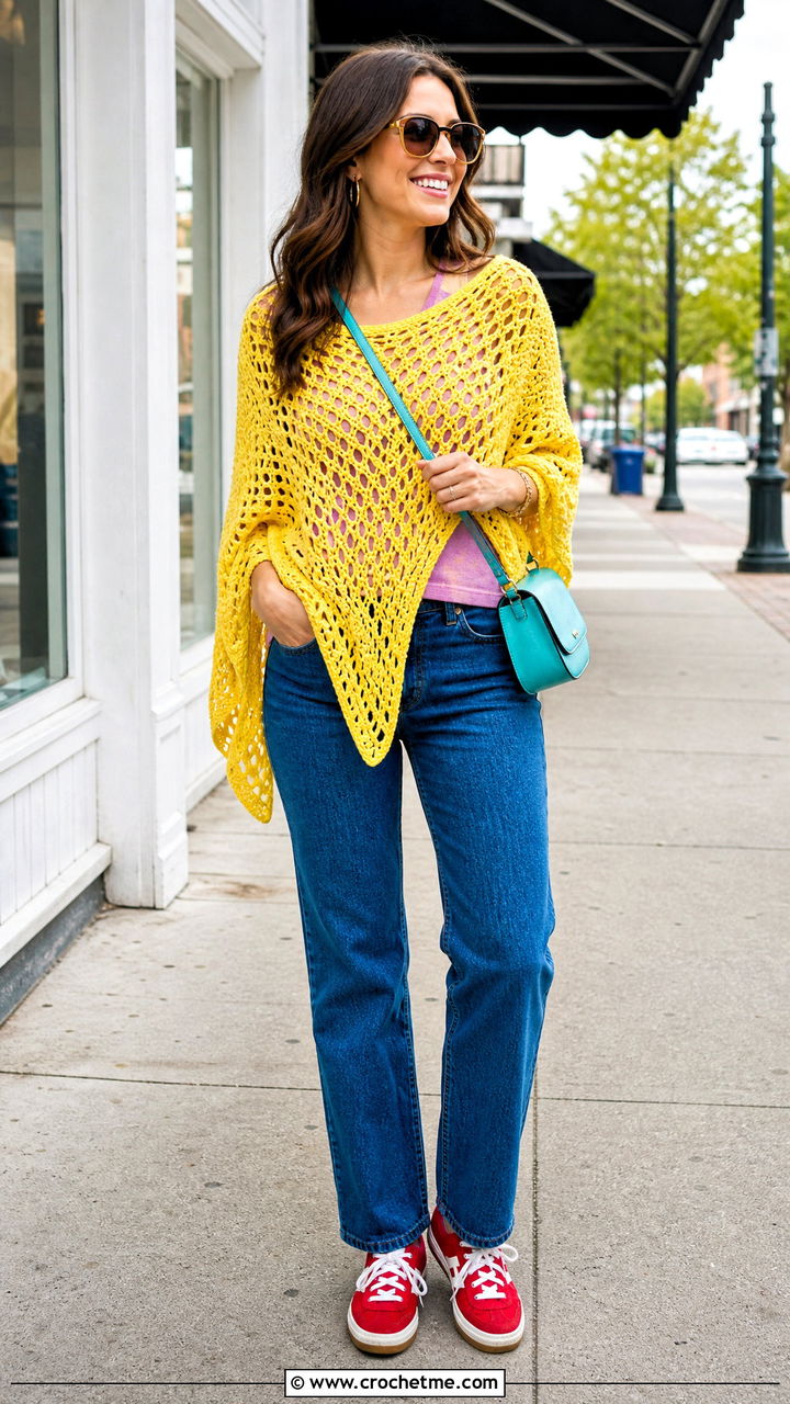 Crochet Poncho With Straight Leg Jeans - 35 crochet poncho outfit ideas