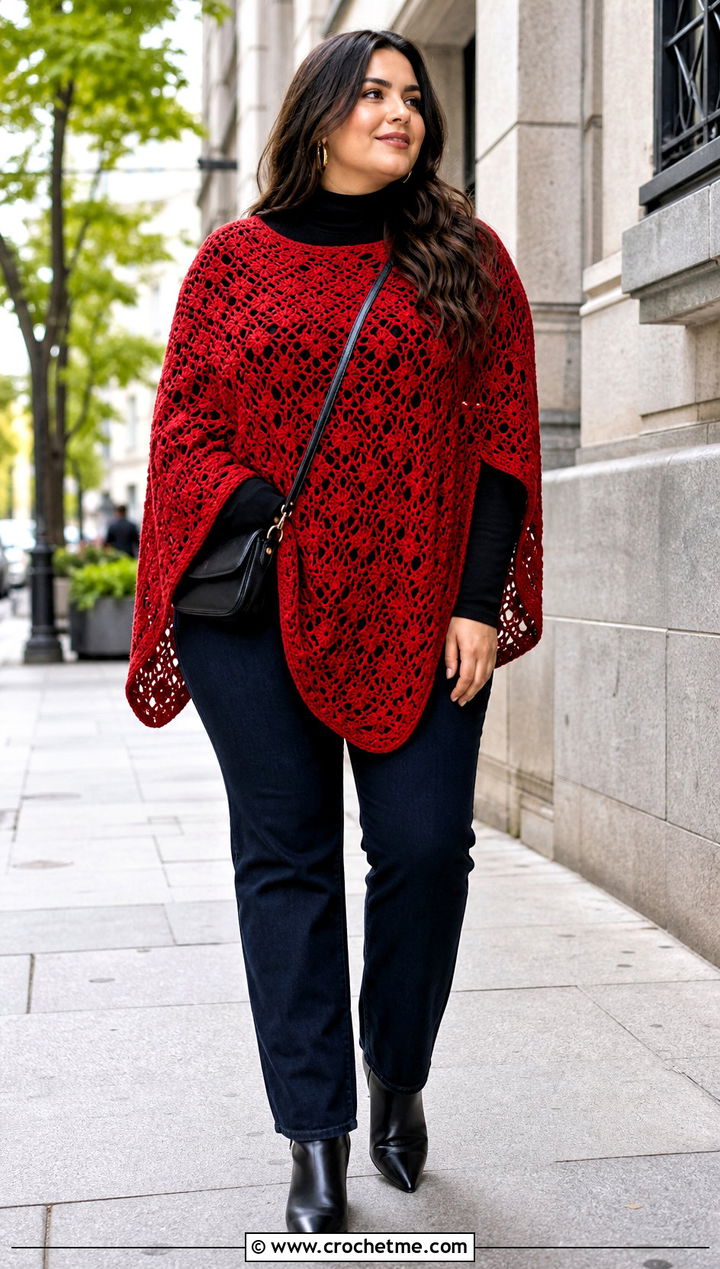 Crochet Poncho With Straight Leg Jeans And Ankle Boots - 35 plus size crochet outfit ideas