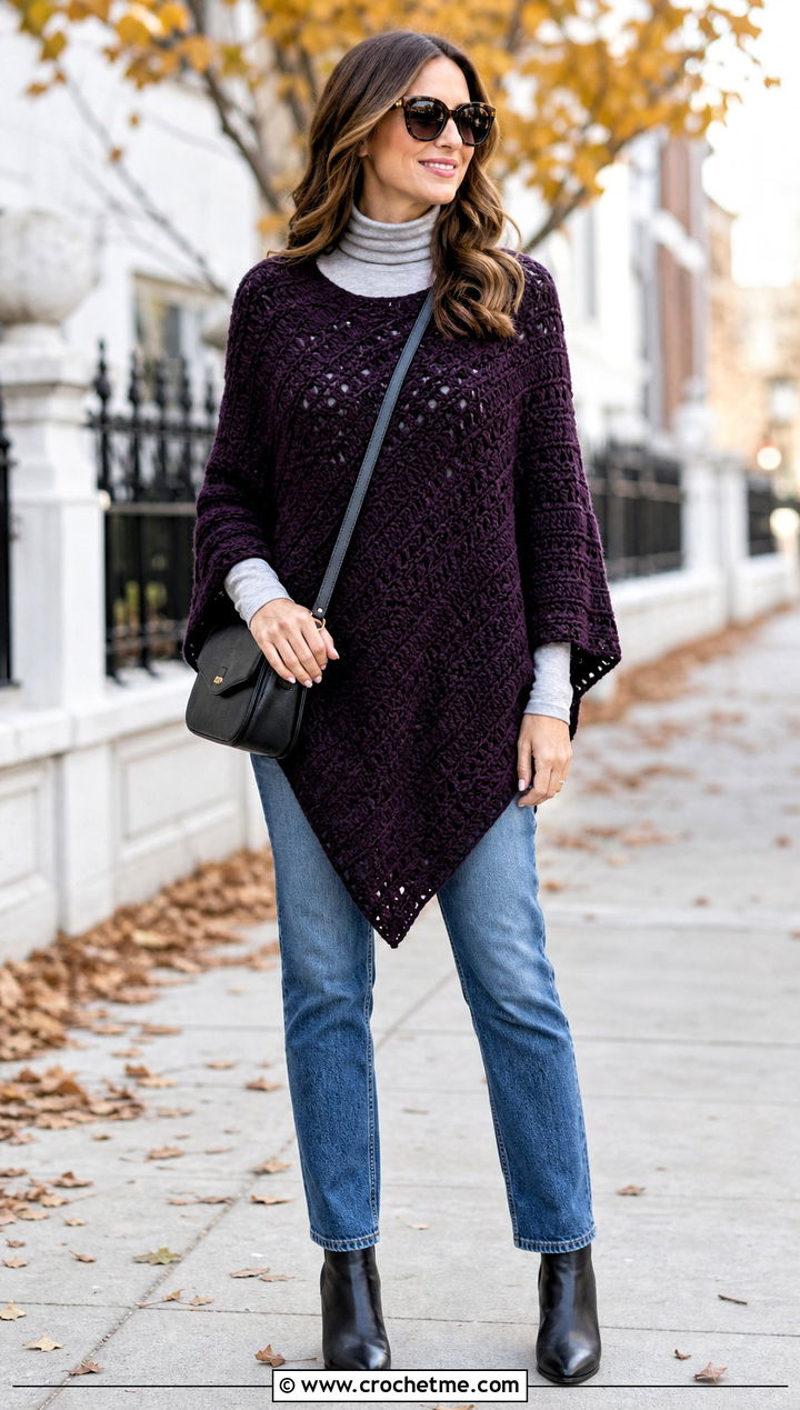 Crochet Poncho With Straight Leg Jeans - 30 crochet clothes outfit ideas