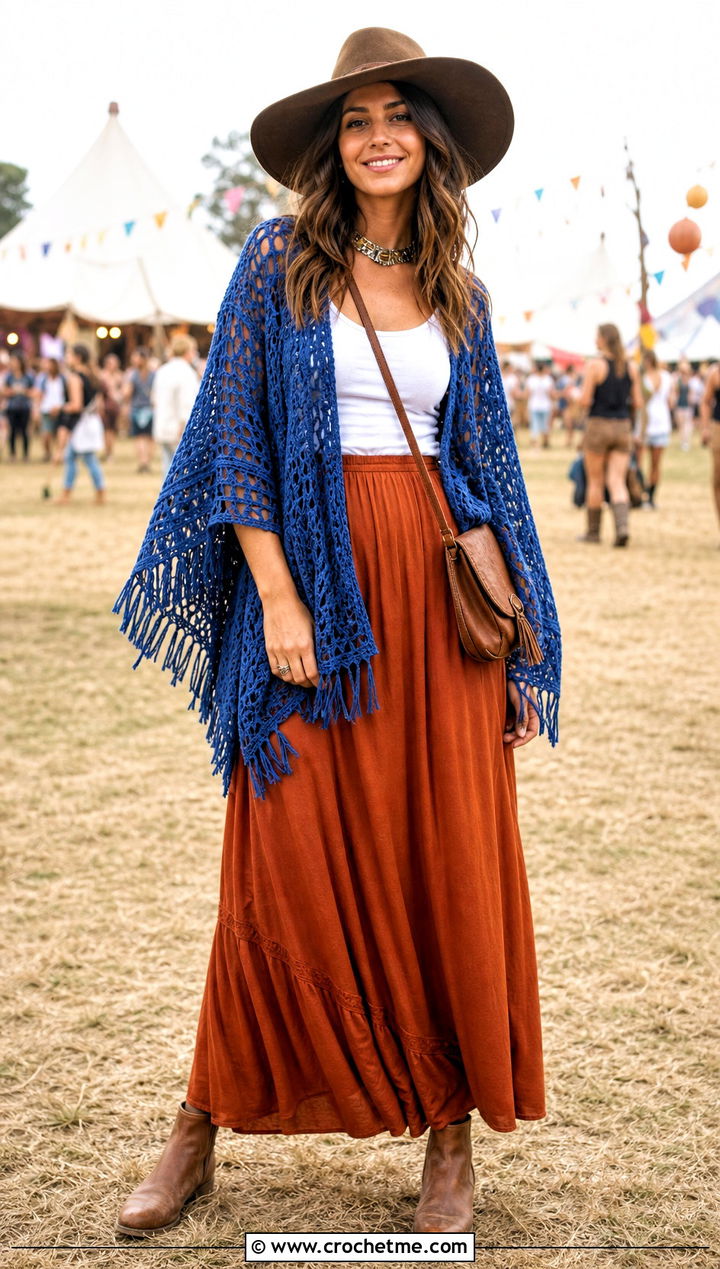 Crochet Poncho With Tank Top And Maxi Skirt - 25 crochet festival clothes and outfit ideas