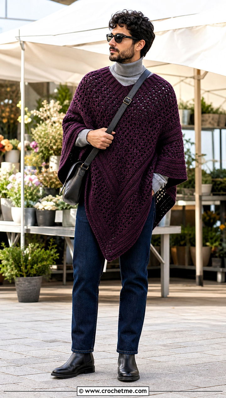 Crochet Poncho With Turtleneck And Jeans - 25 Crochet Guys Clothes and outfit ideas
