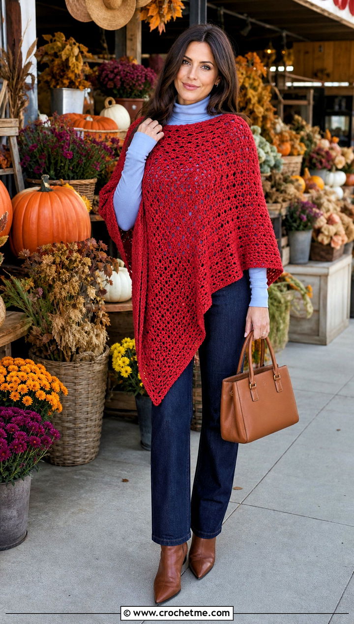 Crochet Poncho With Turtleneck And Slim Jeans - 25 beginner crochet clothing and outfit ideas