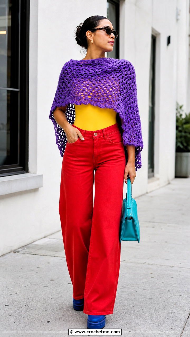 Crochet Poncho With Wide Leg Jeans - 35 crochet poncho outfit ideas