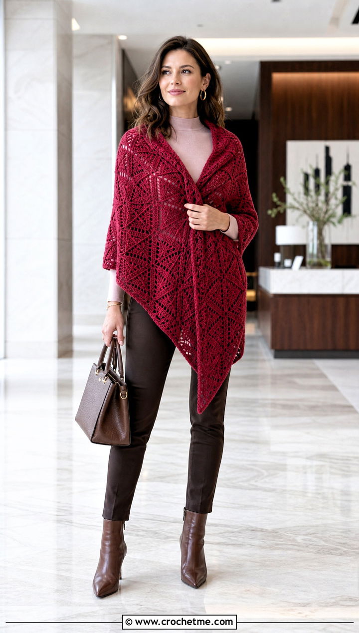 Crochet Poncho Wrap With Slim Pants - 15 Beginner Crochet Wrap outfit ideas