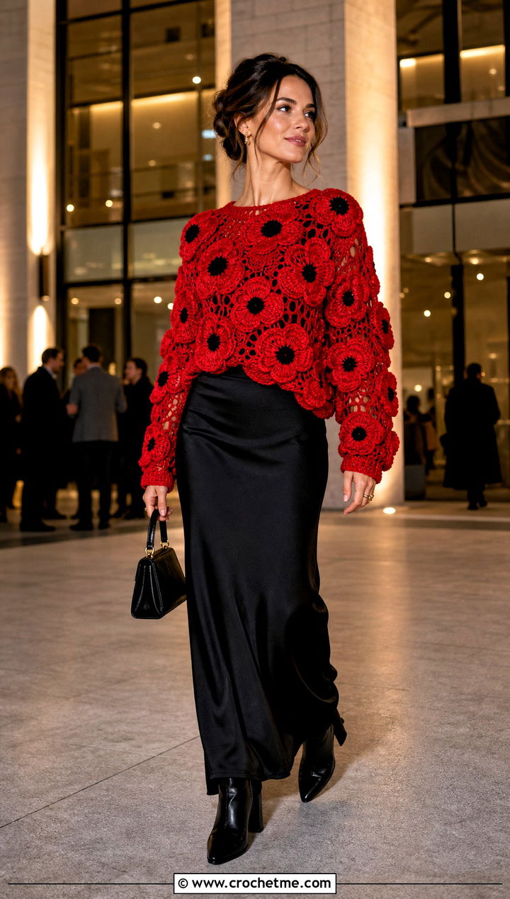 Crochet Poppy Sweater With Black Maxi Skirt - 30 crochet flowers on sweater outfit ideas