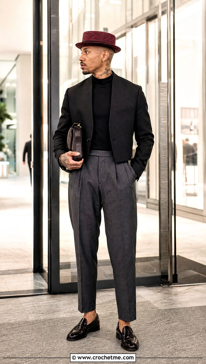 Crochet Pork Pie Hat With Evening Outfit - 35 crochet hats men outfit ideas