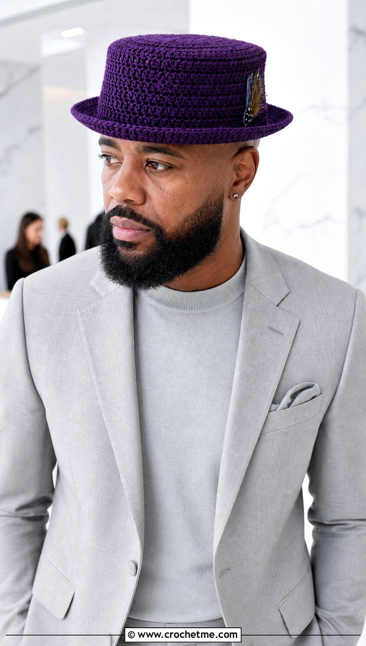 Crochet Pork Pie Hat With Monochrome Suit - 25 crocheted mens hats outfit ideas
