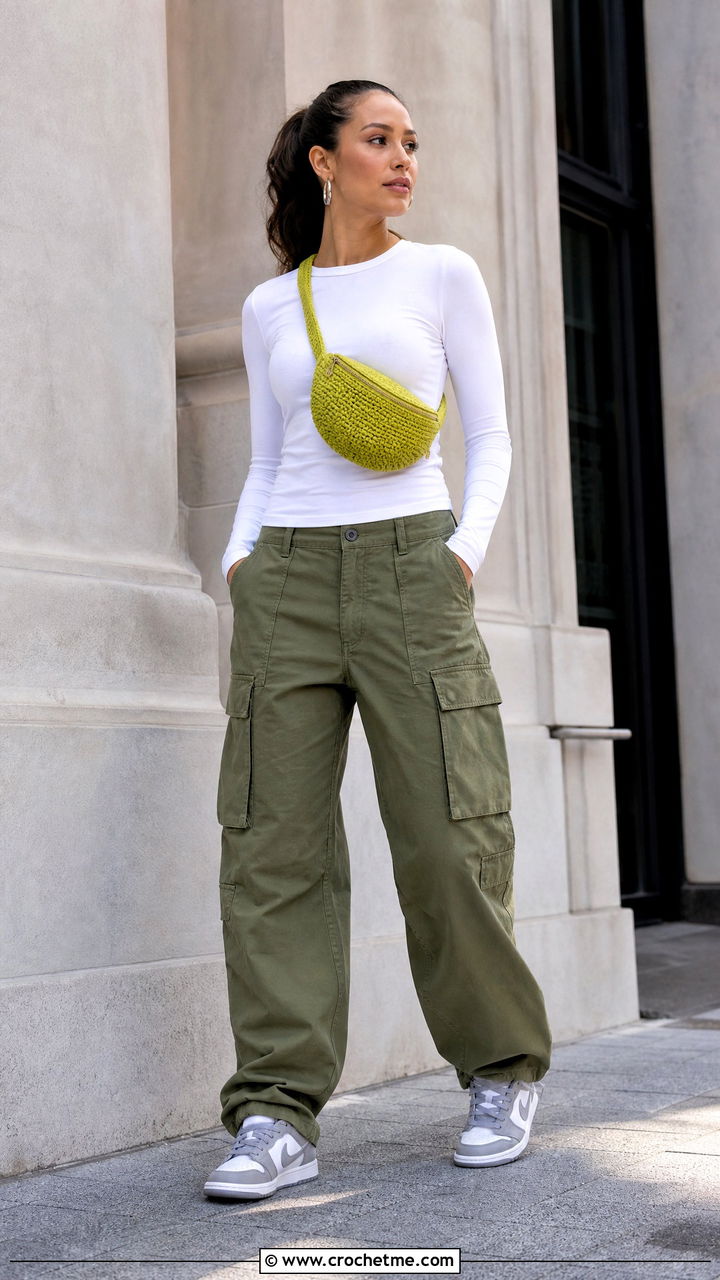 Crochet Pouch Bag With Cargo Pants - 35 crochet bag outfit ideas