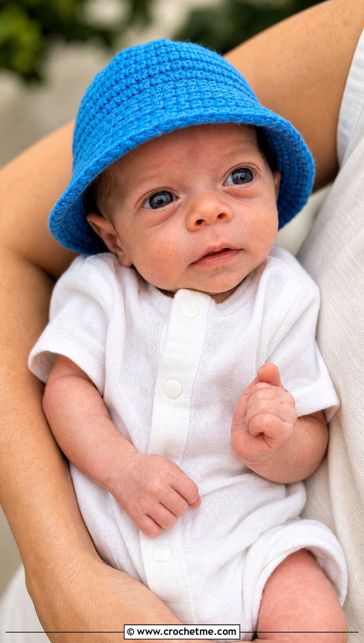 Crochet Preemie Bucket Hat With Linen Romper - 30 crochet premie hats outfit ideas