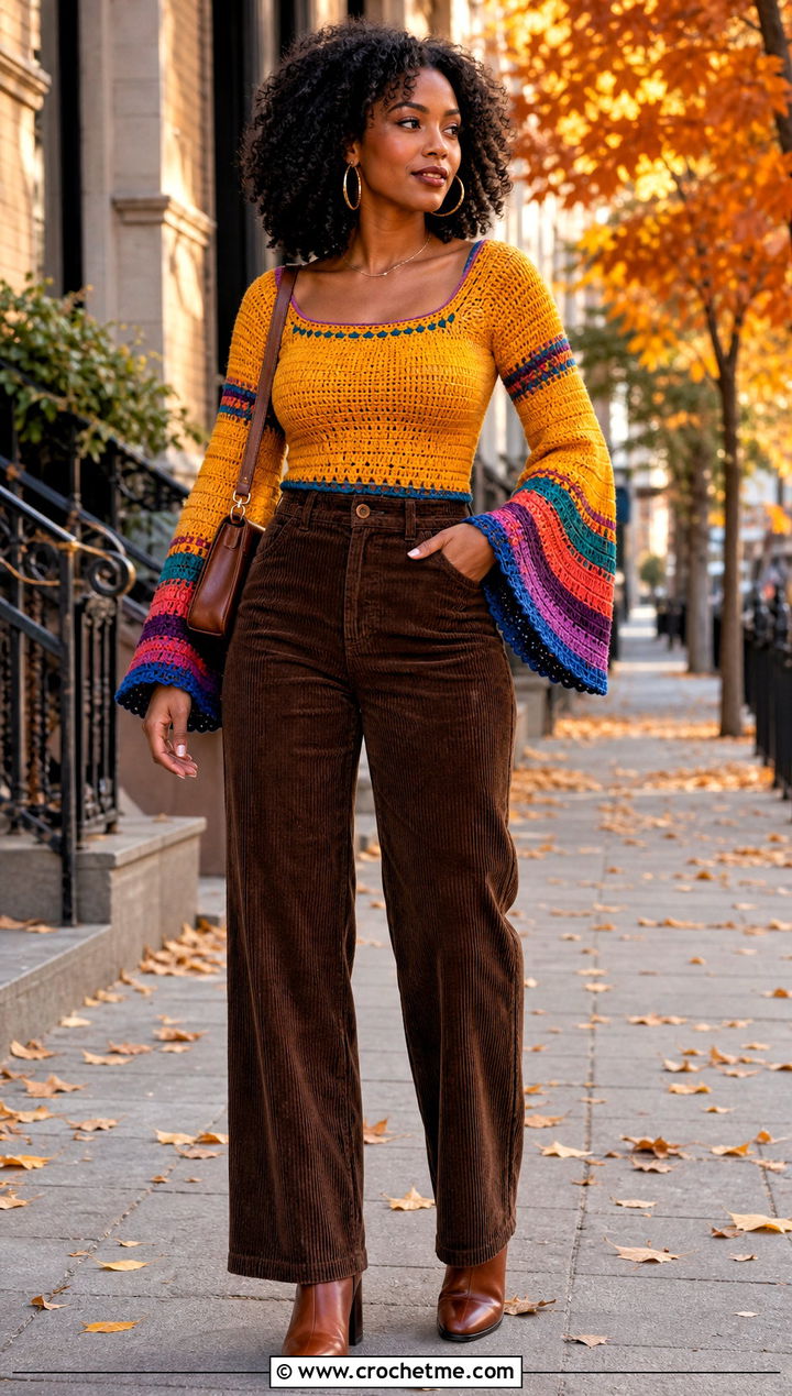 Crochet Pride Bell Sleeve Top With Corduroy Pants - 35 crochet pride top outfit ideas