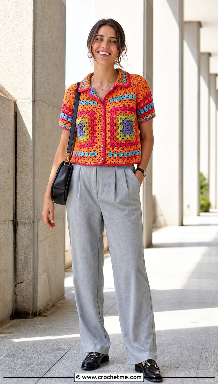 Crochet Pride Button Front Top With Pleated Trousers - 35 crochet pride top outfit ideas