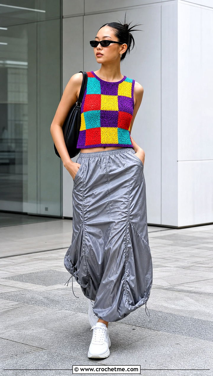 Crochet Pride Checkerboard Top With Parachute Skirt - 35 crochet pride top outfit ideas