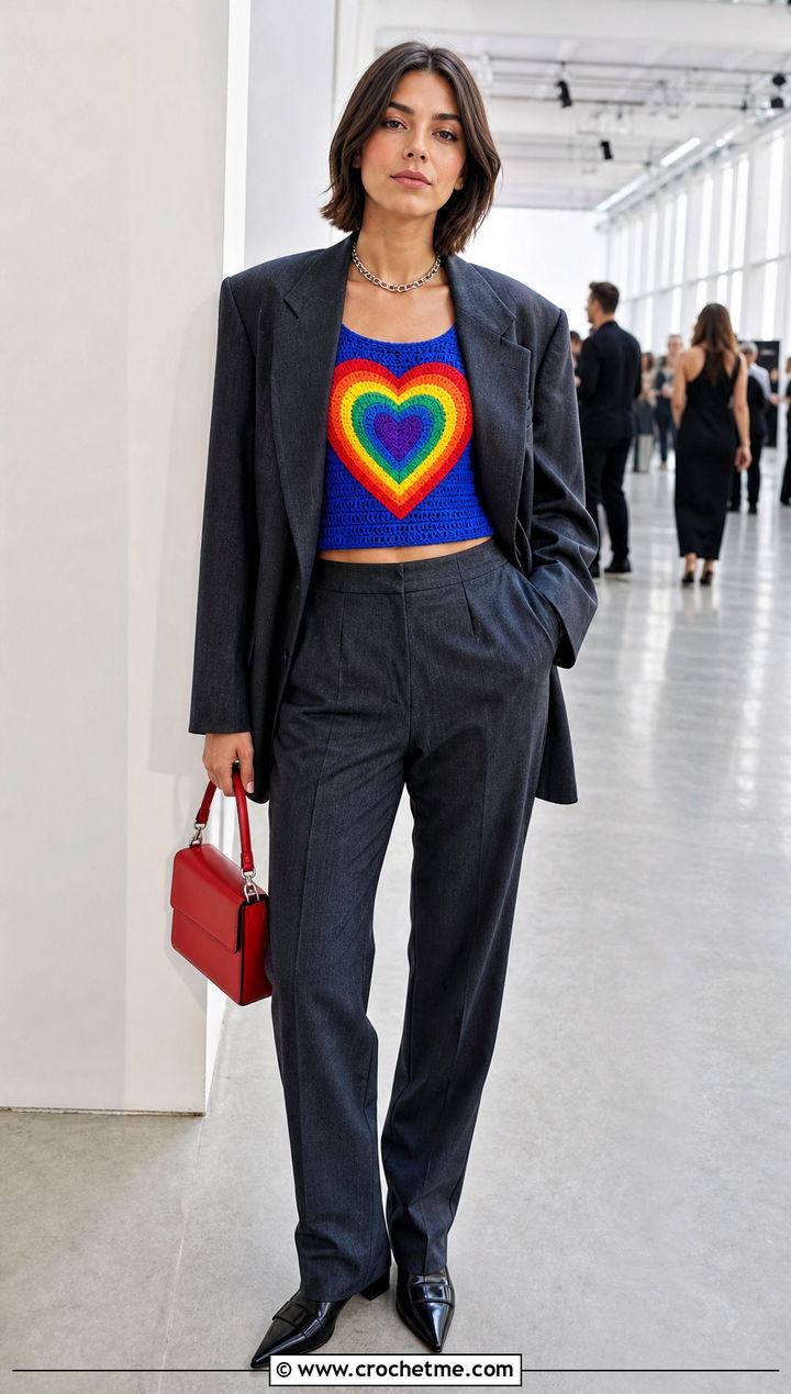 Crochet Pride Heart Top With Oversized Suit - 35 crochet pride top outfit ideas