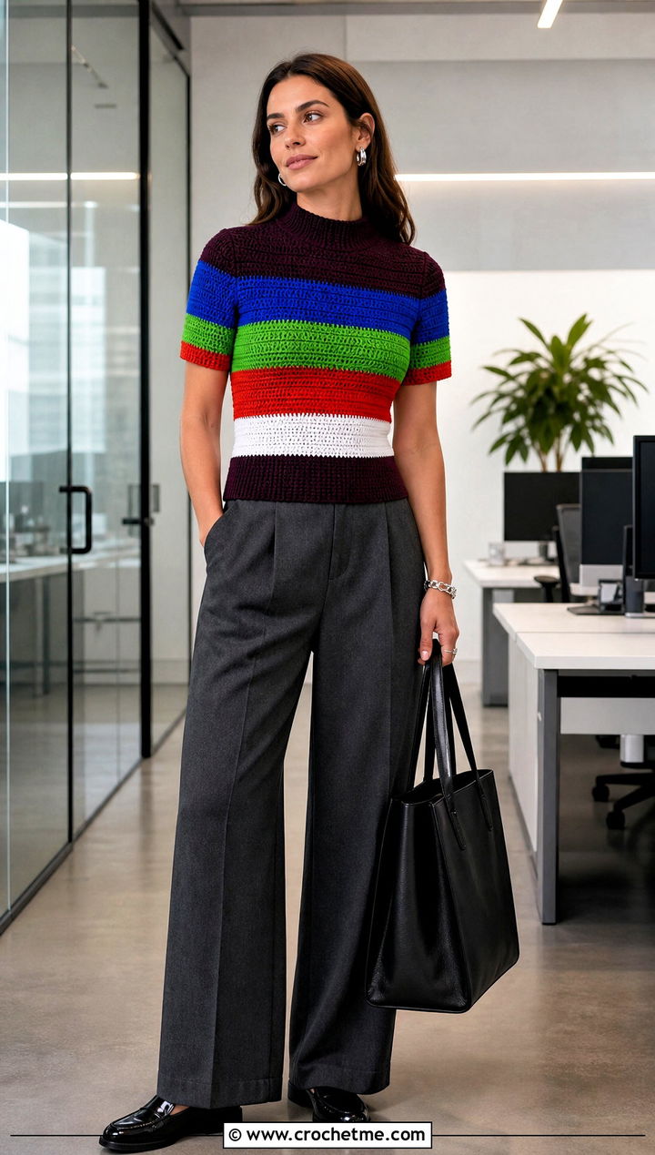Crochet Pride Mock Neck Top With Wool Trousers - 35 crochet pride top outfit ideas