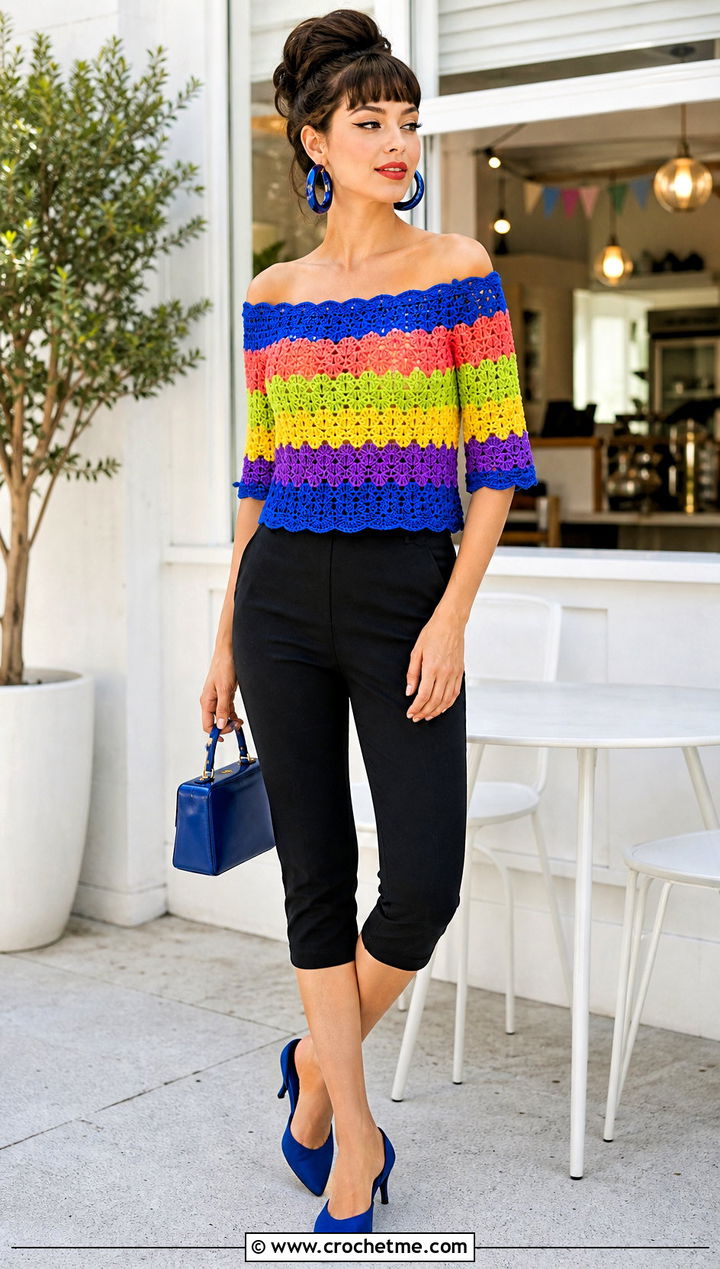 Crochet Pride Off Shoulder Top With Capri Pants - 35 crochet pride top outfit ideas