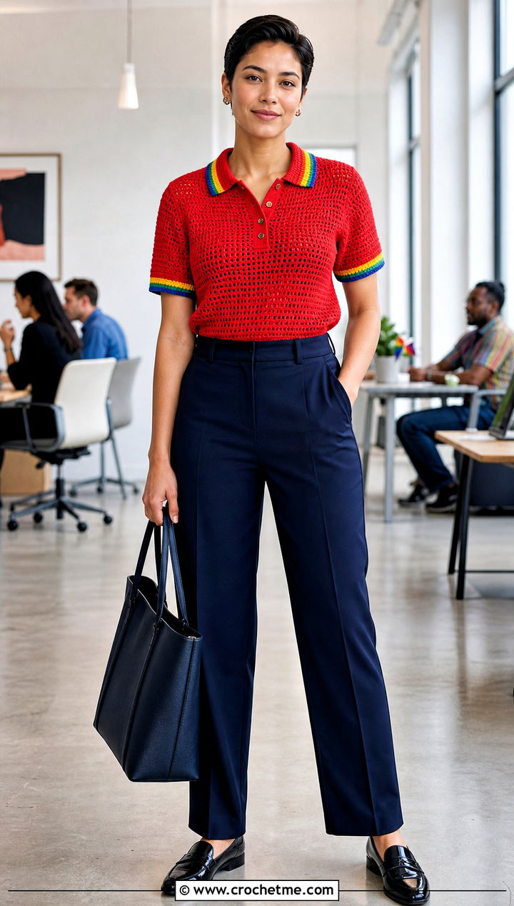 Crochet Pride Polo Top With Tailored Trousers - 35 crochet pride top outfit ideas