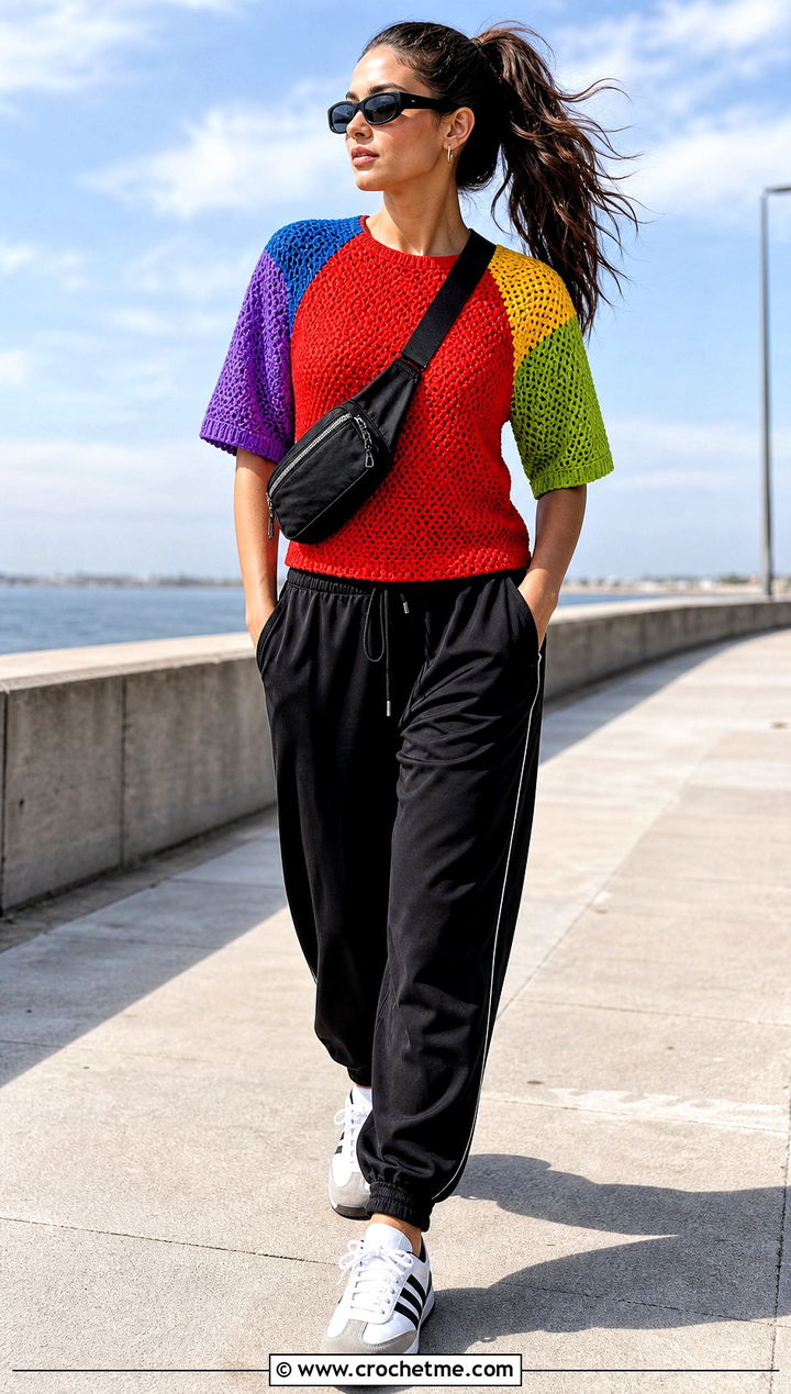 Crochet Pride Raglan Top With Track Pants - 35 crochet pride top outfit ideas