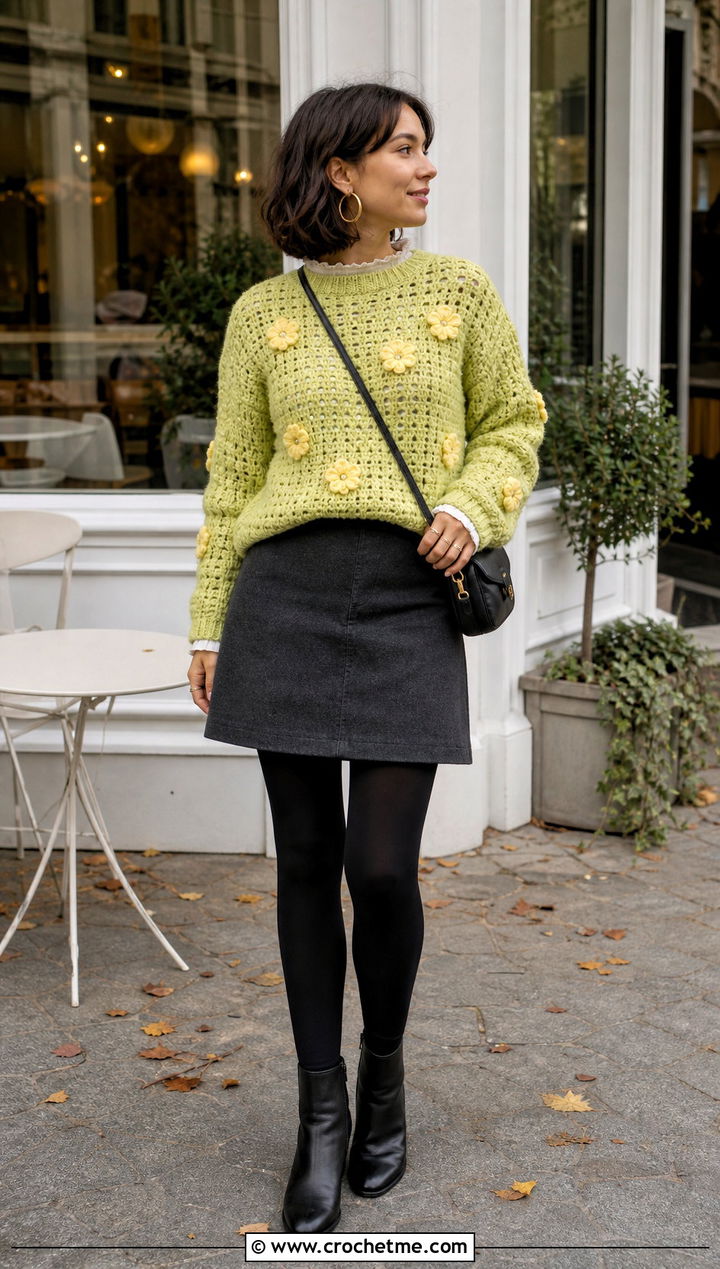 Crochet Primrose Sweater With Mini Skirt And Tights - 30 crochet flowers on sweater outfit ideas