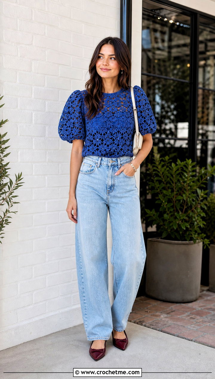 Crochet Puff Sleeve Blouse With Barrel Jeans - 30 vintage crochet clothes and outfit ideas