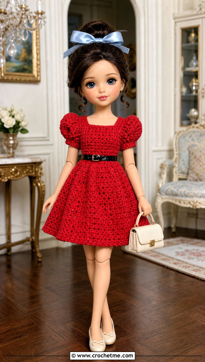 Crochet Puff Sleeve Dress With Ballet Flats - 15 Crochet 5 Inch Doll Clothes and outfit ideas