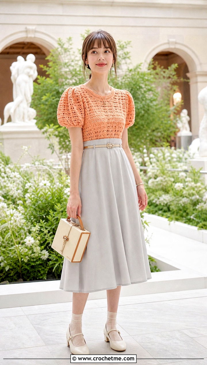 Crochet Puff Sleeve Dress With Mary Jane Shoes - 25 Crochet Top Dress outfit ideas