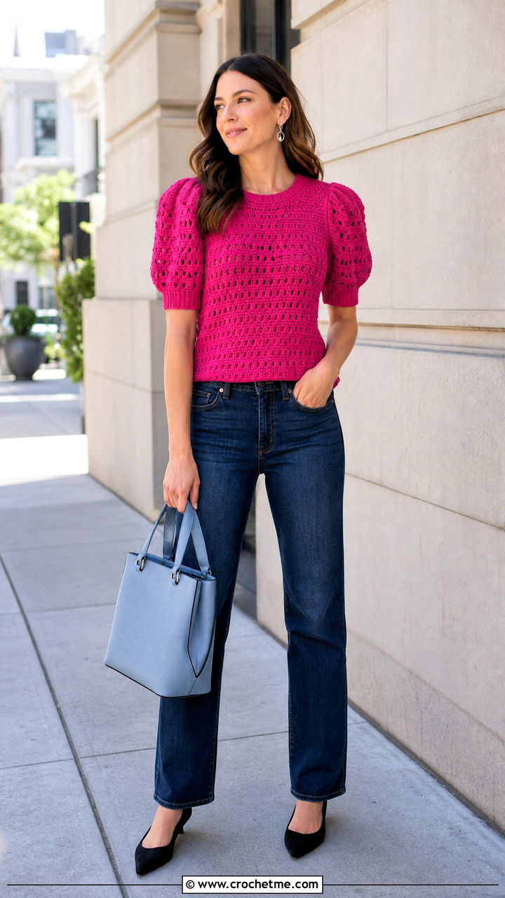 Crochet Puff Sleeve Top With Dark Denim - 35 crochet knit top outfit ideas