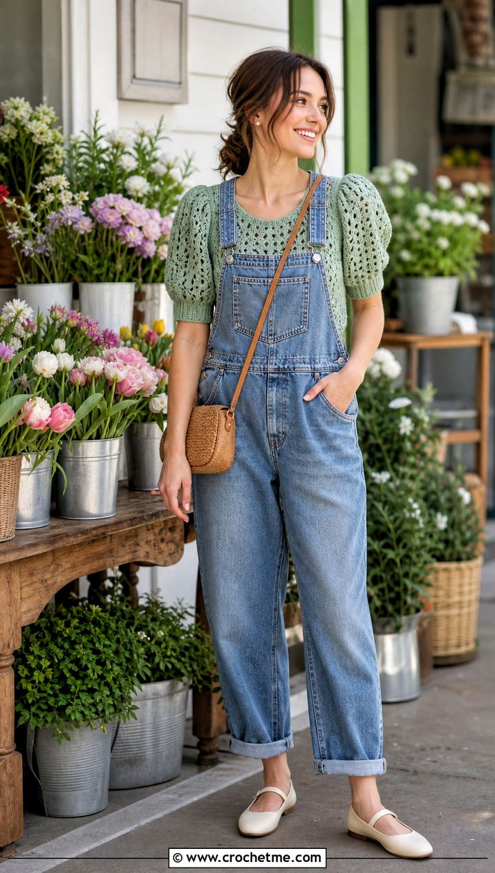 Crochet Puff Sleeve Top With Denim Overalls - 20 Crochet Top For Spring outfit ideas