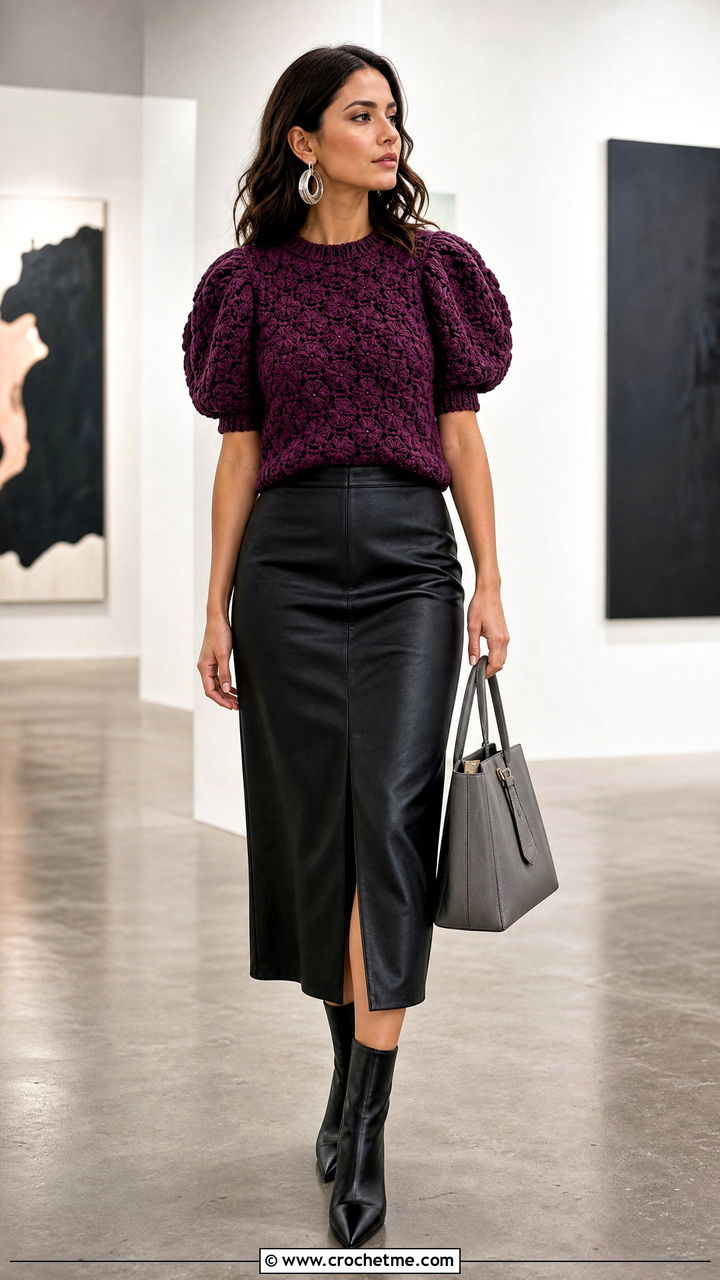 Crochet Puff Sleeve Top With Leather Skirt - 35 easy crochet tops outfit ideas