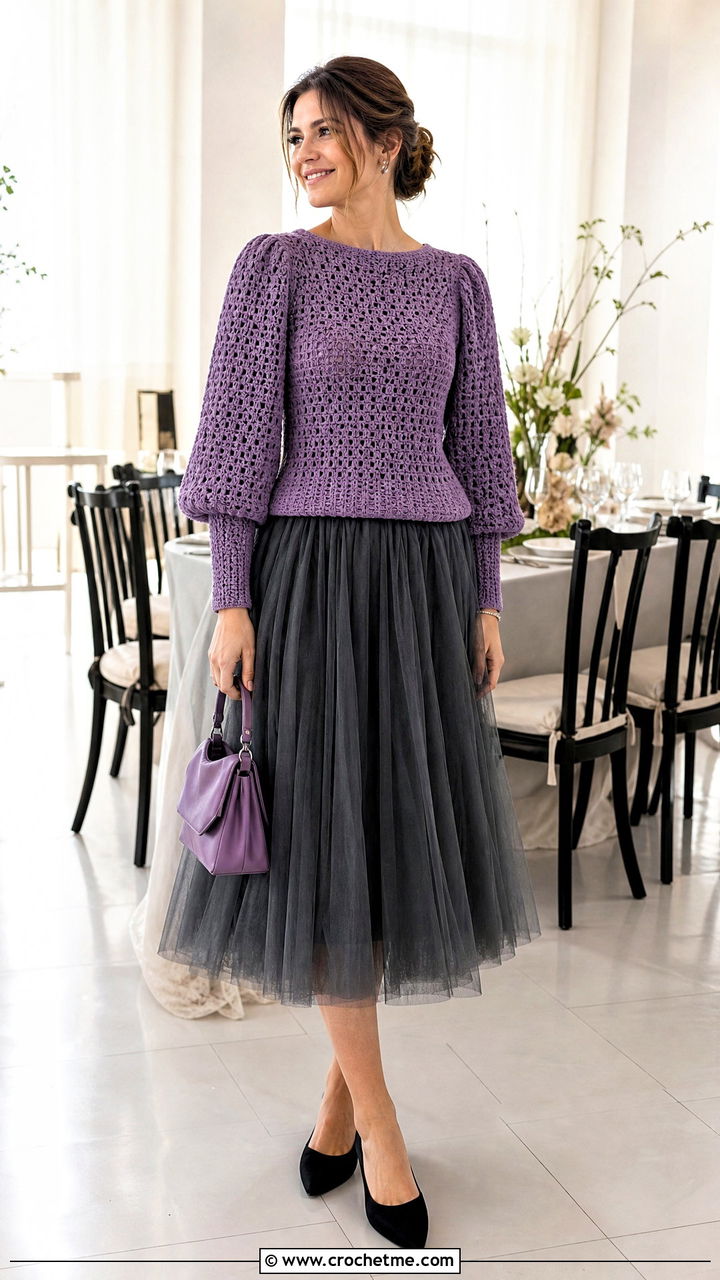 Crochet Puff Sleeve Top With Tulle Midi Skirt - 35 Crochet Top And Skirt outfit ideas