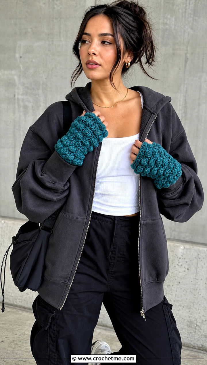 Crochet Puff Stitch Fingerless Mitts With Hoodie And Cargo Pants - 15 Crochet Tipless Gloves outfit ideas