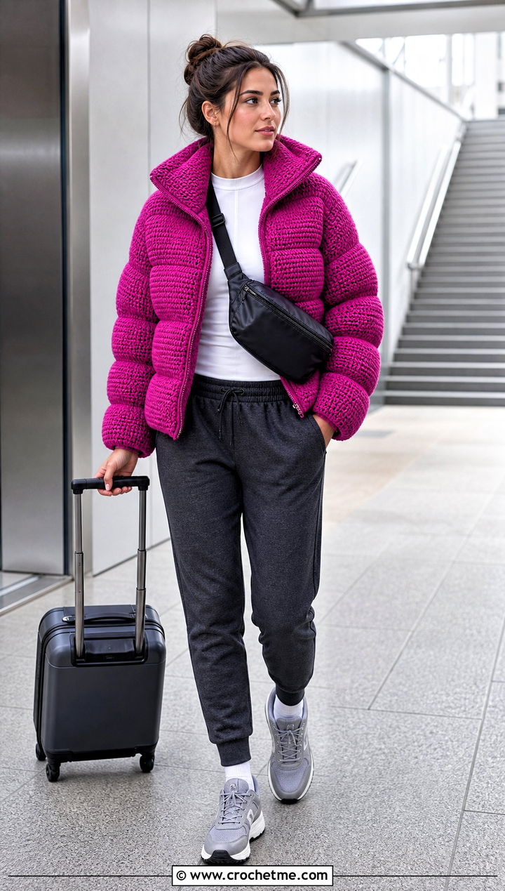 Crochet Puffer Jacket With Joggers - 30 crochet winter jacket outfit ideas