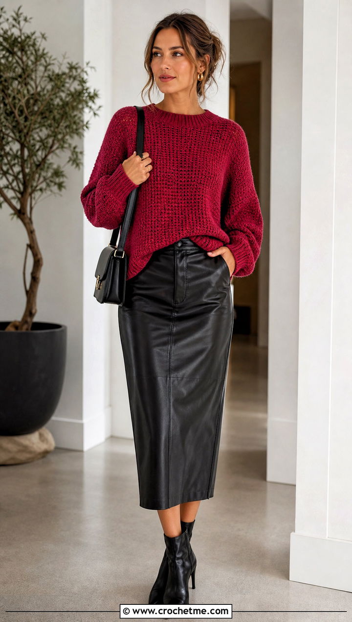 Crochet Pullover Sweater With Leather Midi Skirt - 25 Crochet For Beginners Clothes and outfit ideas