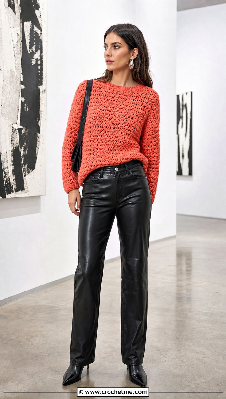 Crochet Pullover Sweater With Leather Pants - 30 crochet clothing for beginners outfit ideas